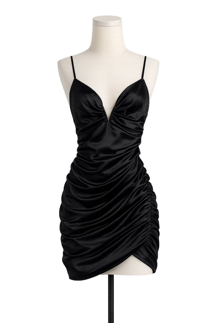 Oh Polly Dark Romance Black Satin Ruched Mini Dress - Size 4